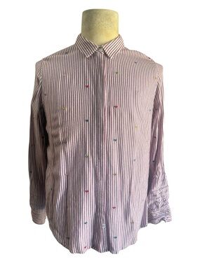 Rails Plum and White Striped Button-Down Shirt with Multicolor Embroidery